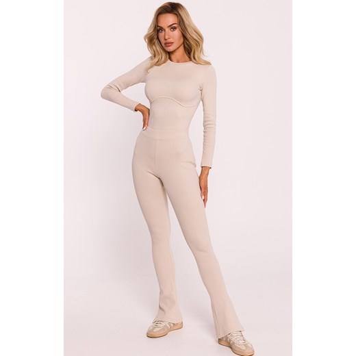 Prążkowane legginsy damskie z rozcięciami piaskowe M816, Kolor piaskowy, Rozmiar L, MOE ze sklepu Intymna w kategorii Spodnie damskie - zdjęcie 175433110
