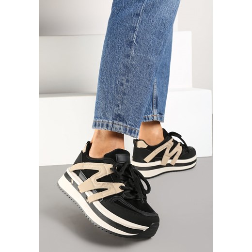 Czarno-Beżowe Sznurowane Sneakersy na Grubej Podeszwie z Paskami Innaretis ze sklepu born2be.pl w kategorii Buty sportowe damskie - zdjęcie 175518703