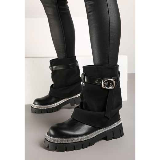Czarne Botki z Cholewką Imitującą Nogawkę Zdobione Cyrkoniami i Paskiem z Klamrą Renee 38 wyprzedaż renee.pl