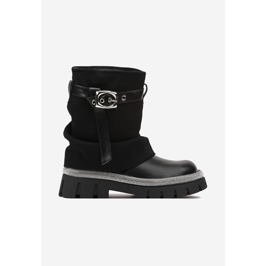 Czarne Botki z Cholewką Imitującą Nogawkę Zdobione Cyrkoniami i Paskiem z Klamrą Renee 40 okazja renee.pl