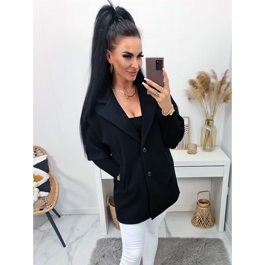 elegancki włoski długi płaszcz serano w prążek z długimi ściągaczami - czarny Moda Italia uniwersalny okazja STYLOWO