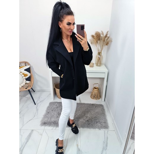 elegancki włoski długi płaszcz serano w prążek z długimi ściągaczami - czarny Moda Italia uniwersalny promocja STYLOWO