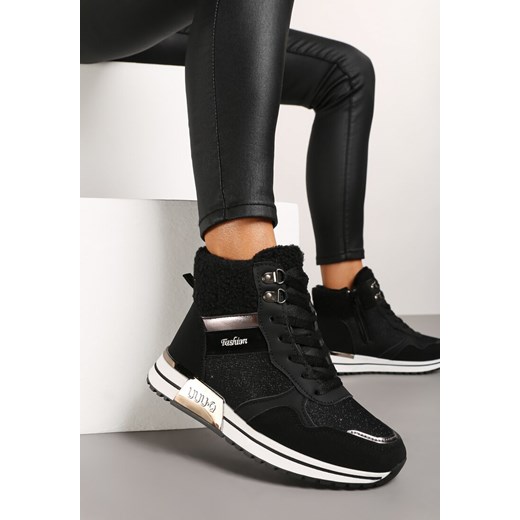 Czarne Sneakersy Zdobione Metaliczną Aplikacją Brokatem i Futrem Saliriel ze sklepu renee.pl w kategorii Buty sportowe damskie - zdjęcie 175560603