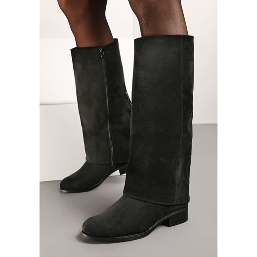 Czarne Ekozamszowe Kozaki na Płaskiej Podeszwie z Cholewką Imitującą Nogawkę Realeira ze sklepu renee.pl w kategorii Kozaki damskie - zdjęcie 175560843