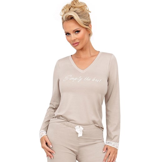 Piżama damska beżowa z długimi spodniami z koronką Simply long, Kolor beżowy, Donna L okazyjna cena Intymna