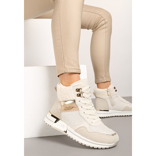 Beżowe Sneakersy z Futrem Metaliczną Wstawką i Brokatowym Połyskiem Saliwenna ze sklepu born2be.pl w kategorii Buty sportowe damskie - zdjęcie 175587160