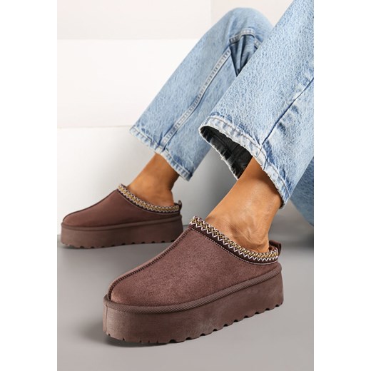 Brązowe Śniegowce na Platformie Ozdobione Haftem i Niską Cholewką Reanessa ze sklepu renee.pl w kategorii Śniegowce damskie - zdjęcie 175606001