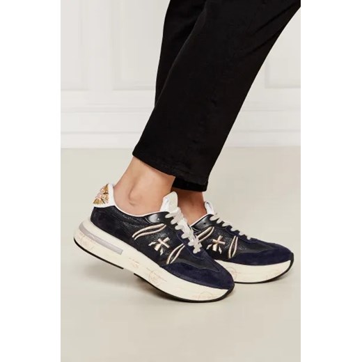 Buty sportowe damskie Premiata sneakersy granatowe skórzane wiązane na wiosnę