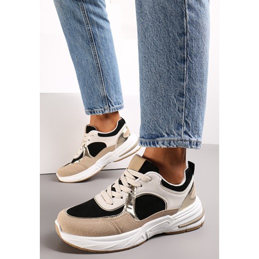 Beżowo-Czarne Sneakersy z Metaliczną Lamówką Ovanaia ze sklepu born2be.pl w kategorii Buty sportowe damskie - zdjęcie 175623490