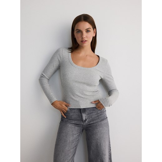 Reserved - Bawełniany longsleeve - jasnoszary ze sklepu Reserved w kategorii Bluzki damskie - zdjęcie 175630070