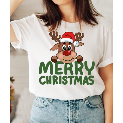 koszulka na święta merry christmas - biała ze sklepu Time For Fashion w kategorii Bluzki damskie - zdjęcie 175640340