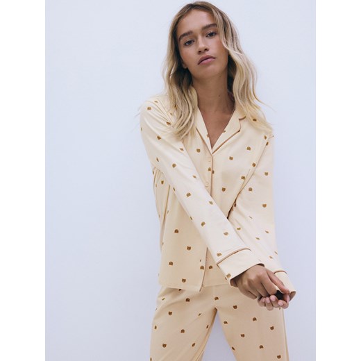 Reserved - Dwuczęściowa piżama z nadrukiem - kremowy Reserved XS Reserved