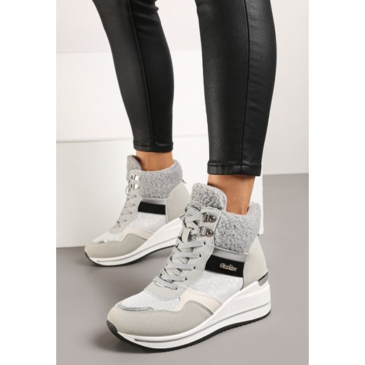 Szare Botki na Koturnie w Streetwearowym Stylu Ozdobione Futerkiem Arabelline ze sklepu renee.pl w kategorii Botki - zdjęcie 175654371
