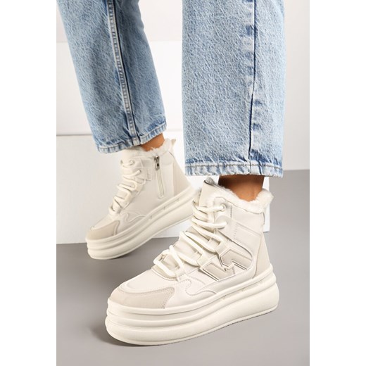 Beżowe Sneakersy na Grubej Podeszwie z Tłoczeniem Futerkiem i Geometryczną Wstawką Nealandra ze sklepu born2be.pl w kategorii Buty sportowe damskie - zdjęcie 175666231