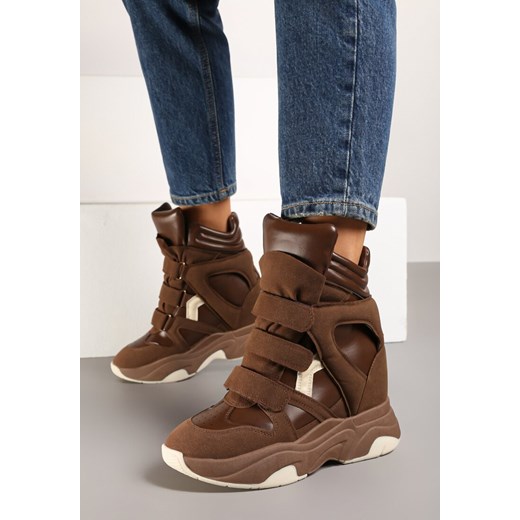Brązowe Sneakersy na Koturnie z Zapięciem na Rzep Liriam ze sklepu born2be.pl w kategorii Buty sportowe damskie - zdjęcie 175666630