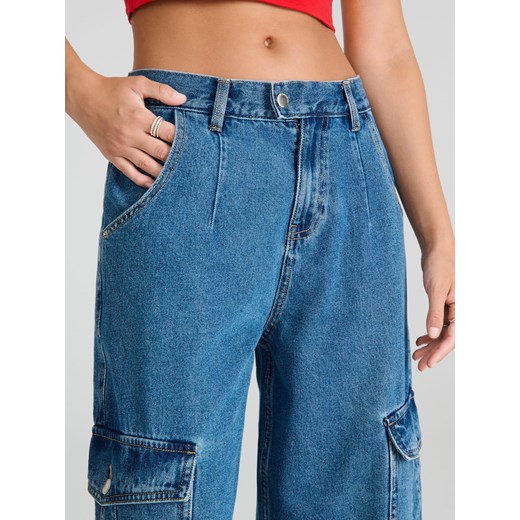 Sinsay - Jeansy cargo wide leg - granatowy Sinsay 34 Sinsay