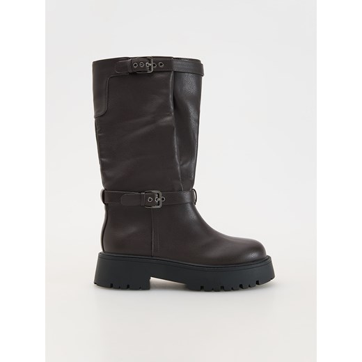 Reserved - Kozaki z ozdobnymi paskami - ciemnobrązowy Reserved 36 Reserved