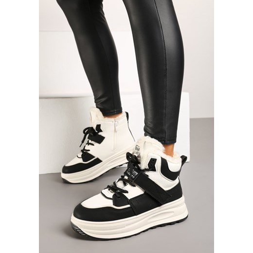 Beżowo-Czarne Sneakersy Ocieplane na Płaskiej Podeszwie z Wysoką Cholewką Rialithra ze sklepu born2be.pl w kategorii Buty sportowe damskie - zdjęcie 175735490