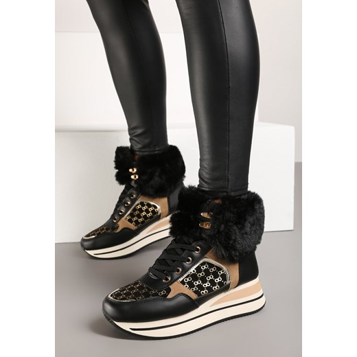 Czarne Sneakersy na Grubej Podeszwie Ozdobione Futerkiem i Metalicznymi Wstawkami Miathrae ze sklepu born2be.pl w kategorii Buty sportowe damskie - zdjęcie 175735511