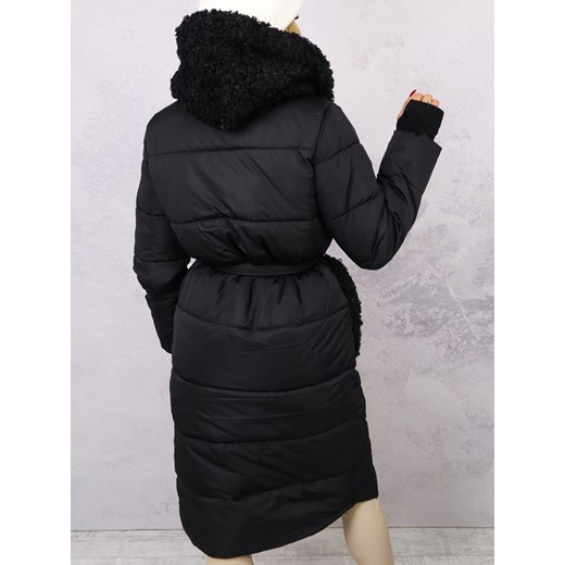 DŁUGA KURTKA Z FUTRZANYM KAPTUREM I KIESZENIAMI- CZARNA Olika XXL olika.com.pl