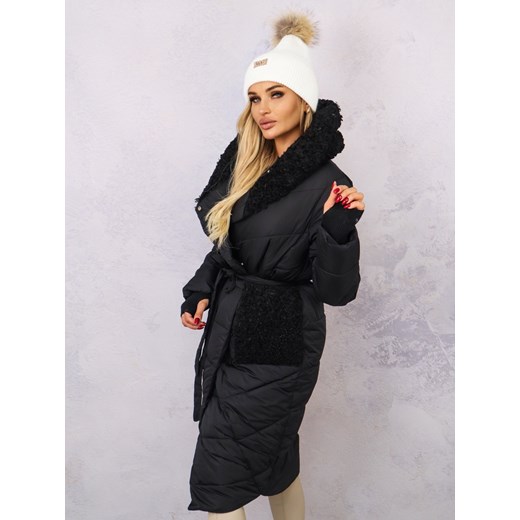 DŁUGA KURTKA Z FUTRZANYM KAPTUREM I KIESZENIAMI- CZARNA Olika L olika.com.pl
