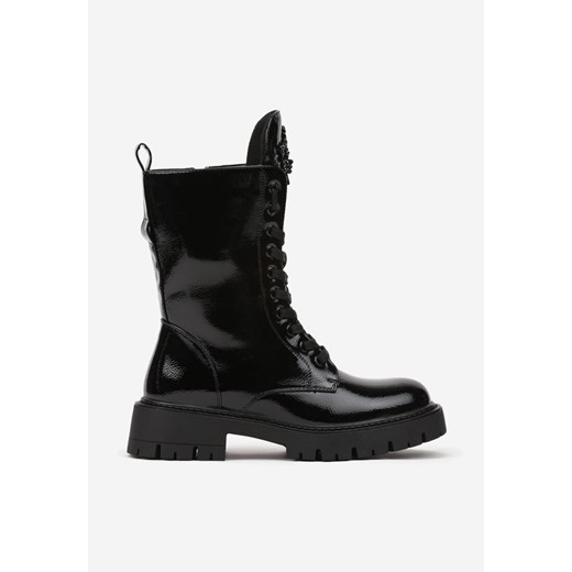 Czarne Lakierowane Botki Workery na Płaskiej Podeszwie ze Sznurowaniem Remizola Renee 41 wyprzedaż renee.pl