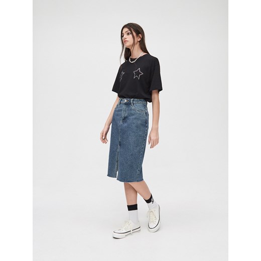 Cropp - Jeansowa spódnica midi z rozcięciem - niebieski Cropp L Cropp