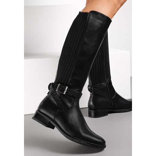 Czarne Kozaki z Elastyczną Cholewką z Tyłu i Sprzączką Merme Renee 38 renee.pl