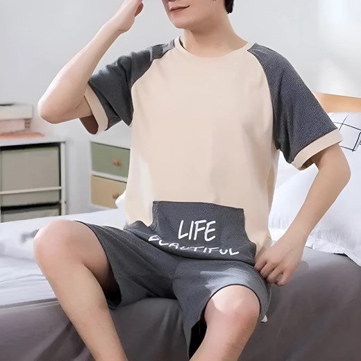 Piżama męska LIFE BEAUTIFUL - Beżowy / S ze sklepu Valetta.pl w kategorii Piżamy męskie - zdjęcie 175899473