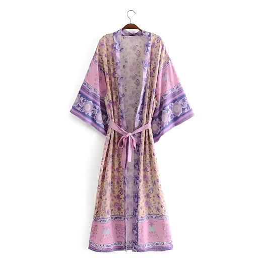 Długie kimono plażowe w stylu boho - Fioletowy / S ze sklepu Valetta.pl w kategorii Odzież plażowa - zdjęcie 175903231