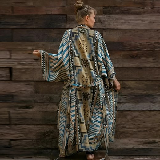 Kimono plażowe w azteckie wzory - Niebieski / Uniwersalny ze sklepu Valetta.pl w kategorii Odzież plażowa - zdjęcie 175905534