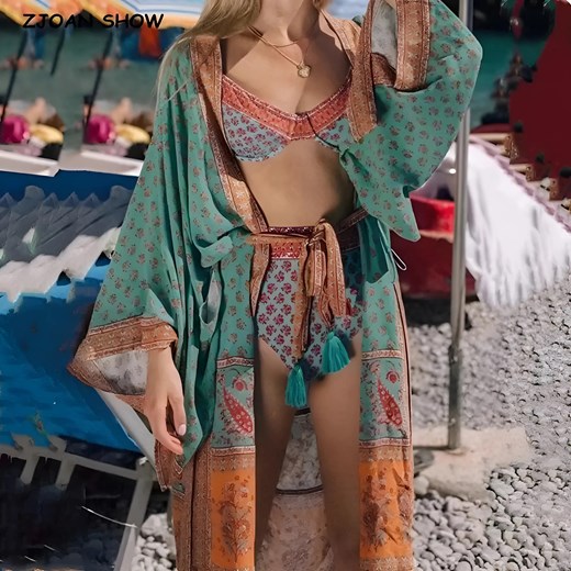 Kimono plażowe w stylu vintage - Turkusowy / Uniwersalny ze sklepu Valetta.pl w kategorii Odzież plażowa - zdjęcie 175908103