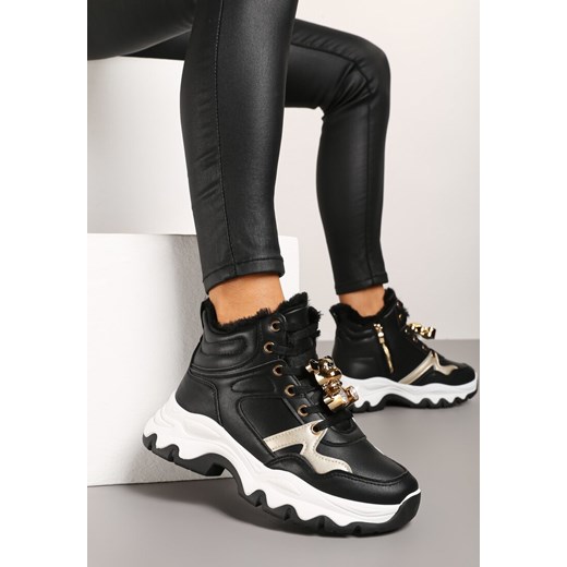 Czarne Sznurowane Sneakersy na Płaskiej Podeszwie za Kostkę z Aplikacjami Misiów Temisza ze sklepu renee.pl w kategorii Buty sportowe damskie - zdjęcie 175911893