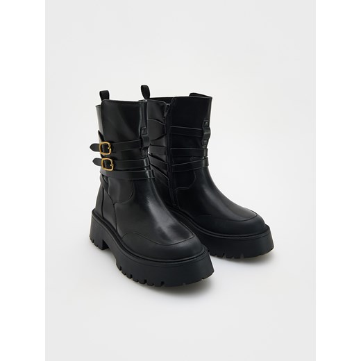 Reserved - Skórzane botki z paskami - czarny Reserved 39 Reserved