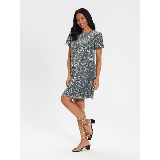 Sukienka Sinsay z krótkimi rękawami srebrna z okrągłym dekoltem 