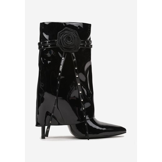 Czarne Lakierowane Botki z Cholewką Imitującą Nogawkę na Szpilce z Ozdobnym Renee 40 renee.pl
