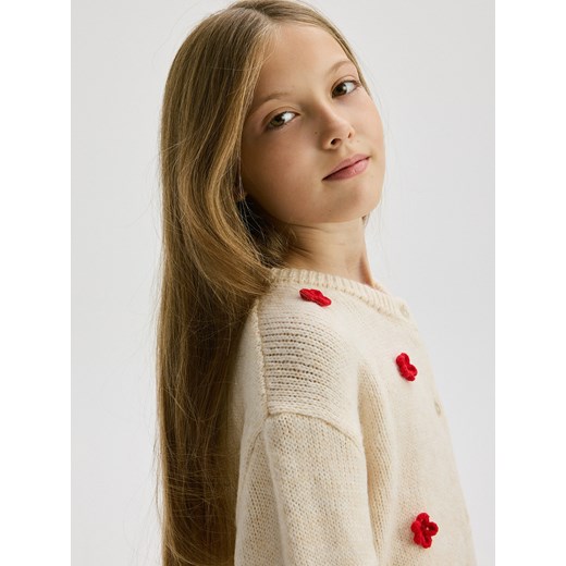 Reserved - Kardigan z kwiatową aplikacją - kremowy Reserved 128 (7-8 lat) Reserved