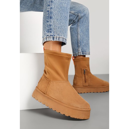 Brązowe Śniegowce na Płaskiej Podeszwie ze Skarpetową Cholewką Sevinae ze sklepu born2be.pl w kategorii Śniegowce damskie - zdjęcie 176042960