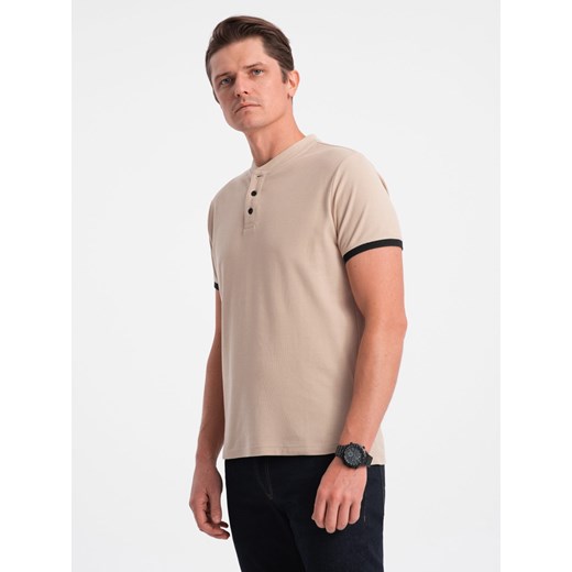 Koszulka męska polo bez kołnierzyka - beżowa V5 OM-TSCT-0156 ze sklepu ombre w kategorii T-shirty męskie - zdjęcie 176064304