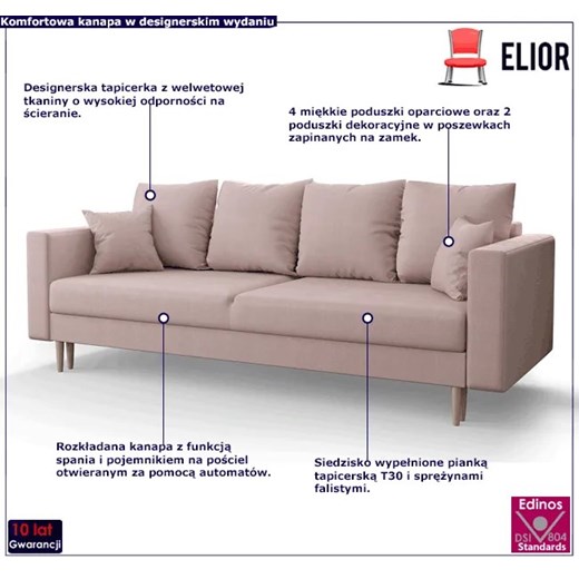 Różowa sofa rozkładana - Diamante Elior One Size Edinos.pl