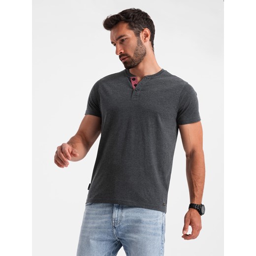 Męski t-shirt z rozpinanym okrągłym dekoltem henley – czarny V4 OM-TSCT-0155 ze sklepu ombre w kategorii T-shirty męskie - zdjęcie 176072563