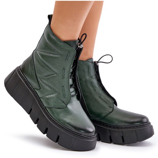 Zazoo 60472 Skórzane Botki Na Platformie I Koturnie Ciemnozielone Zazoo 36 ButyModne.pl