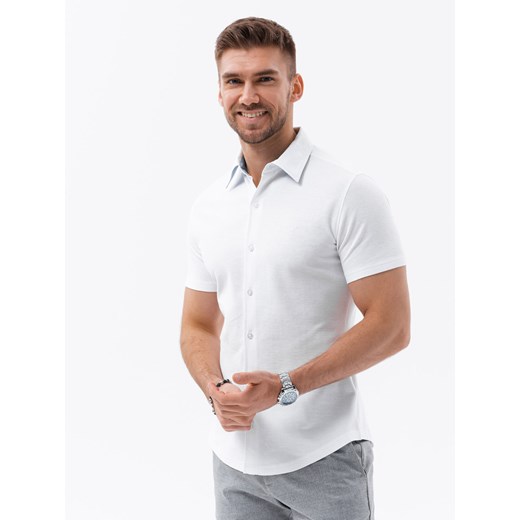 Dzianinowa męska koszula slim fit z krótkim rękawem i kołnierzykiem – biała V1 OM-SHSS-0100 ze sklepu ombre w kategorii Koszule męskie - zdjęcie 176080323