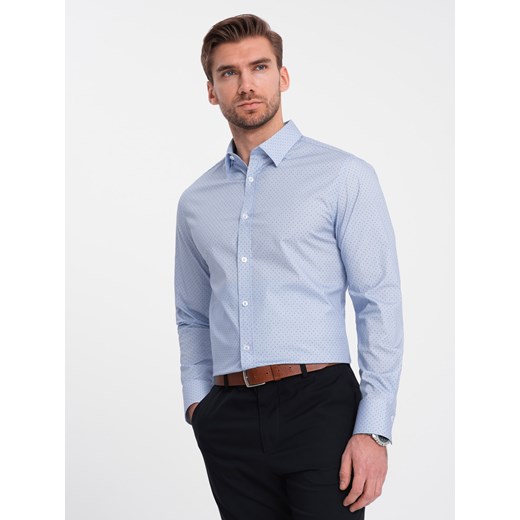 Koszula męska bawełniana w mikro wzór REGULAR FIT - jasnoniebieska V2 OM-SHCS-0152 ze sklepu ombre w kategorii Koszule męskie - zdjęcie 176080400