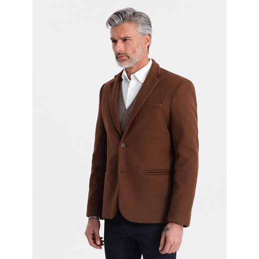 Marynarka męska casual z ozdobnymi guzikami na mankietach - czekoladowy brąz V1 OM-BLZB-0118 ze sklepu ombre w kategorii Marynarki męskie - zdjęcie 176080844