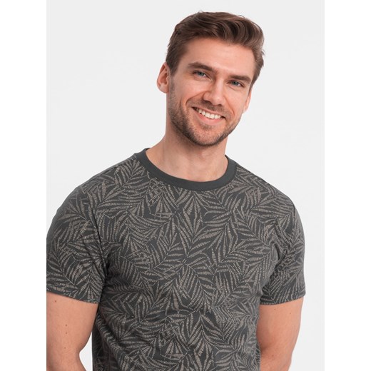 T-shirt męski fullprint w liście palmy - grafitowy V4 OM-TSFP-0182 ze sklepu ombre w kategorii T-shirty męskie - zdjęcie 176081132