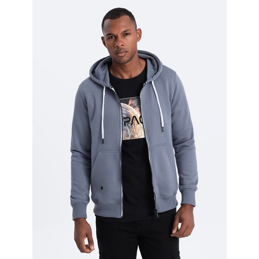 Bluza męska rozpinana z kapturem BASIC - jeansowa V13 B977 ze sklepu ombre w kategorii Bluzy męskie - zdjęcie 176237540