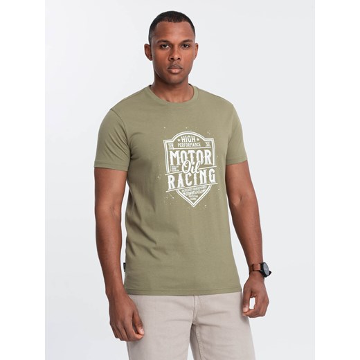 T-shirt męski z nadrukiem w stylu motocyklowym – oliwkowy V2 OM-TSPT-0125 ze sklepu ombre w kategorii T-shirty męskie - zdjęcie 176237712