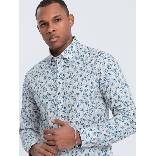 Koszula męska SLIM FIT w print gałązek - niebiesko-szara V2 OM-SHPS-0163 ze sklepu ombre w kategorii Koszule męskie - zdjęcie 176237792