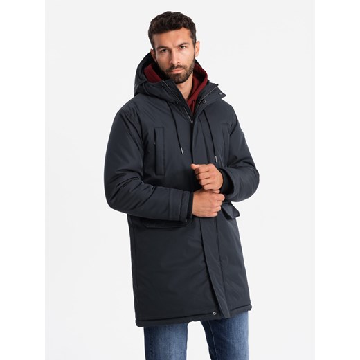 Klasyczna długa męska kurtka typu parka – czarna V6 OM-JALJ-0166 ze sklepu ombre w kategorii Kurtki męskie - zdjęcie 176237832